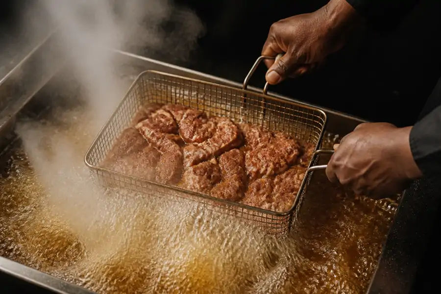 Cook plating fried pork under warm kitchen light
