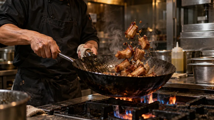 Cook tossing griyo in a carbon-steel wok over a gas flame on the Fire Grill line