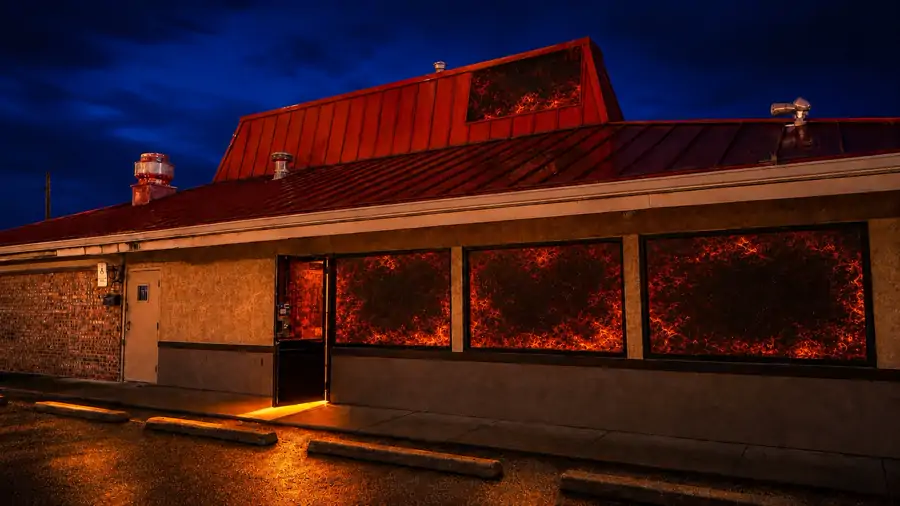 Illustration of a single-storey restaurant at dusk, red roof and lit windows